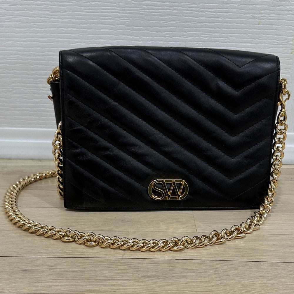 Stuart Weitzman Black Chevron Crossbody with Gold Chain